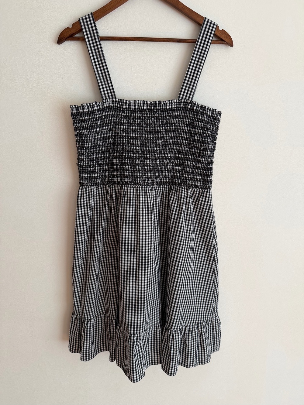 NWT LOFT Smocked Gingham Sundress Black White Ruffle Hem Cotton Large L